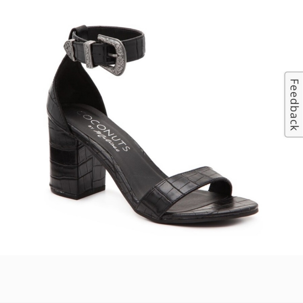 Coconuts by Matisse Callin croc ankle Buckle strap Black Sandal Block Heel 8M.